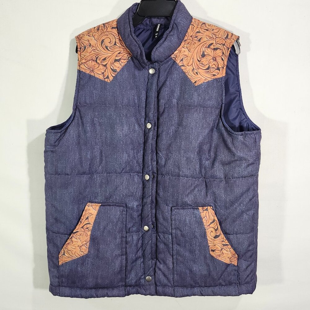 Crazy Train Women XL Blue Puffer Vest Southwestern Floral Trim Button-Up Pockets